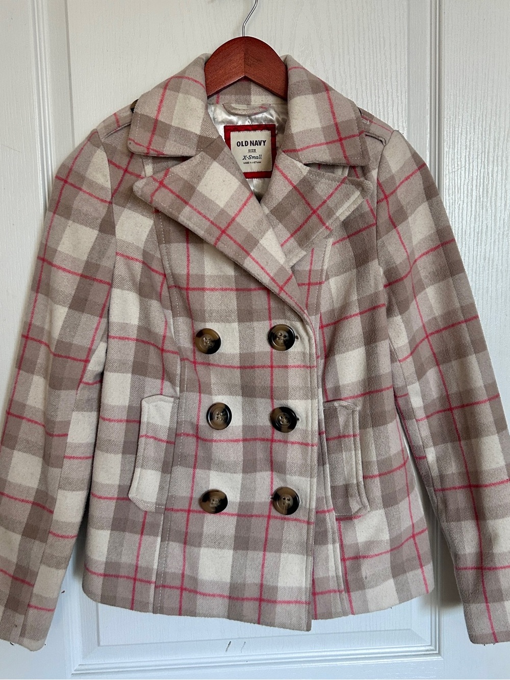 Old Navy Women’s Cream & Taupe Plaid Double-Breasted Peacoat